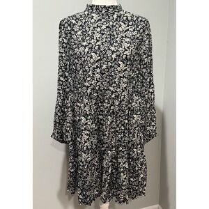 J. Crew Floral‎ Midi Dress Size L Long Sleeve Tossed Bouquet Black White NEW